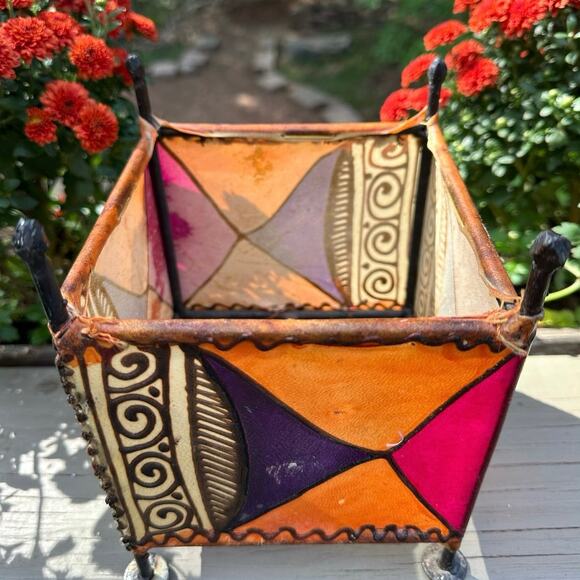 Candle holder Vintage Stretched Skin Square Painted ethnic tribal metal pink 7” - Picture 11 of 14